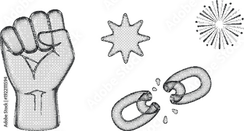 Protest and activism line icon collection. Includes fist, star, explosion, and broken chain symbols. Created in black and white line art style with gray shading.