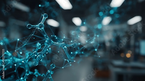biotech AI neural network overlay hologram, abstract network nodes, cyan-blue HUD interface