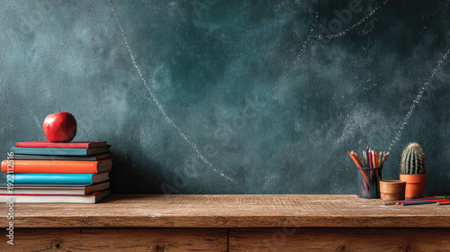 Back to school concept with books apple and chalkboard.
