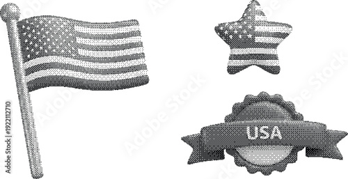 USA flag, star, and badge vector set. Includes American flag on pole, star with flag pattern, and USA text badge. Created in 3D embossed style with gray scale.