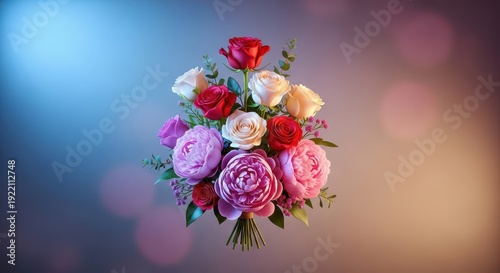 Stunning arrangement of fresh roses and elegant peonies, symbolizing love and commitment, perfect for a romantic wedding ceremony, stem, spring, handheld