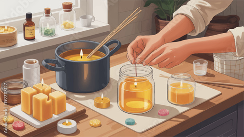 A person pouring melted wax into a mold to create homemade candles on a wooden table with various crafting supplies