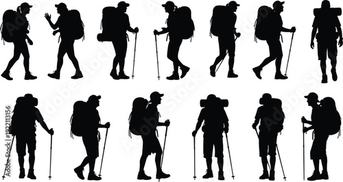 Backpacker hiker silhouettes with trekking poles and gear, mountain adventure travelers isolated on white background illustration set