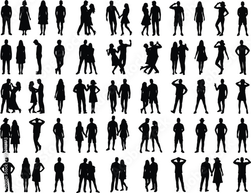 Couple and single people silhouettes collection, romantic pairs and standing men women isolated on white background set