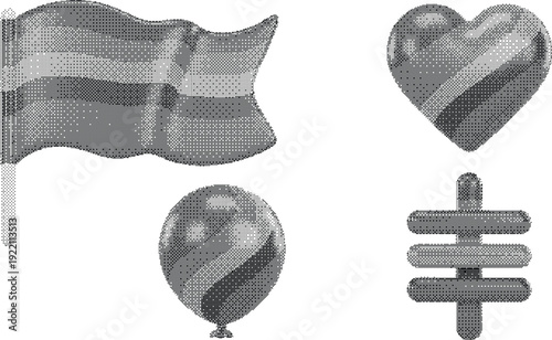 Pride flag, heart, balloon, and equalizer 3D icon set. Includes four striped icons in a glossy, volumetric style.