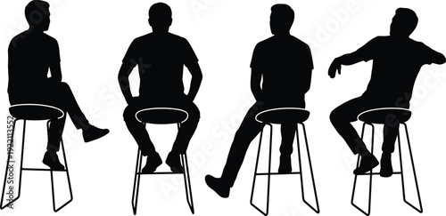 Man sitting on stool silhouette collection, different male seated poses isolated on white background illustration set