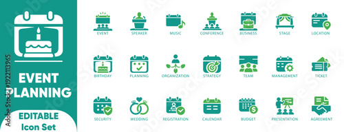 Event Planning Editable Icon Set. conference, invitation, planning, timeline, venue, meeting, set, engagement, icon, and vector icons.