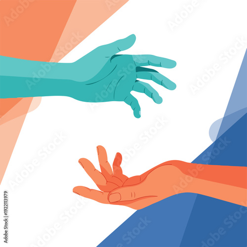 Colorful illustration with two hands reaching for each other, minimalist design