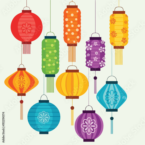 Colorful lanterns of varying shapes and sizes are suspended on strings