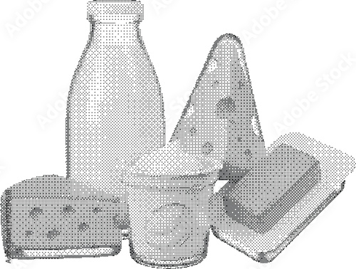 Dairy products vector illustration with milk bottle, cheese, yogurt, and butter.