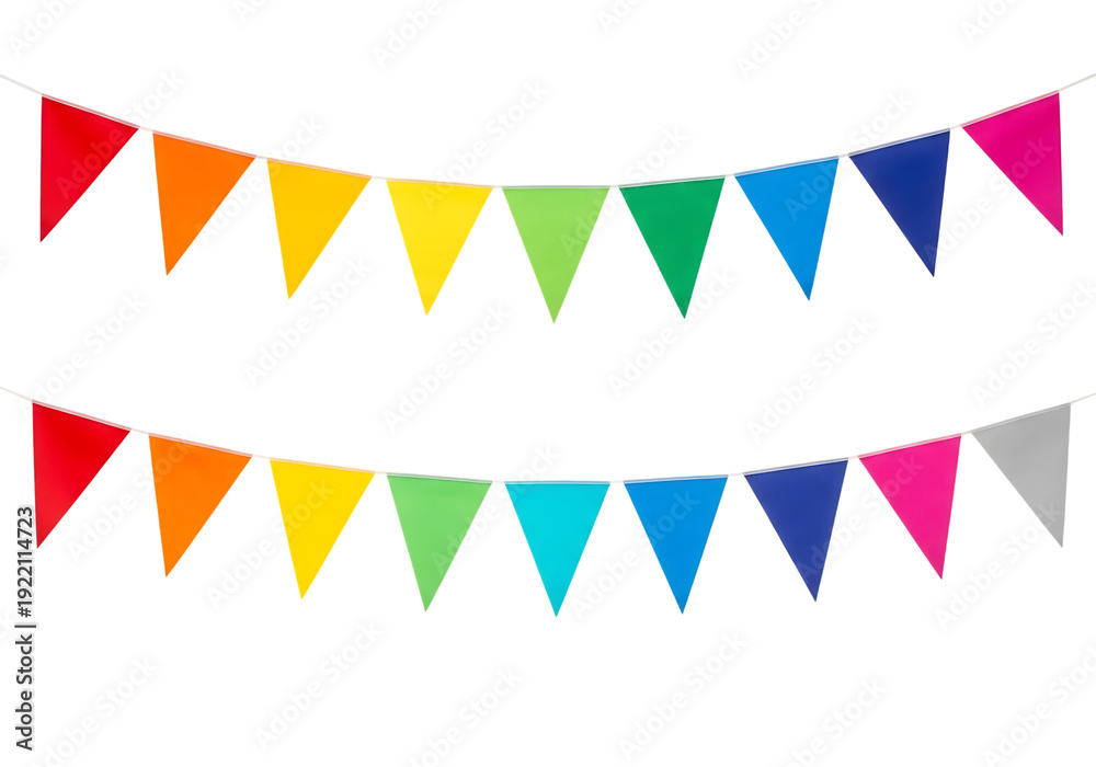Obraz premium Two colorful strings of triangular party flags and bunting against a white background, symbolizing celebration and joy.