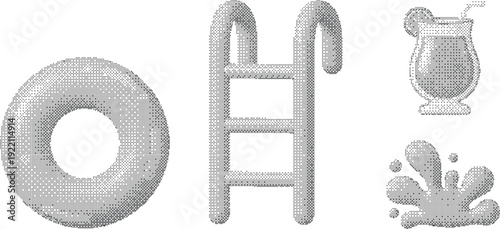 Summer vacation 3D icon collection. Includes swimming ring, pool ladder, cocktail drink, and water splash symbols. Created in a light gray 3D style with a monochrome palette.