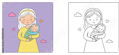 Mother and Newborn Baby Illustration Set with Colored and Line Art Versions for Coloring Book, Motherhood, Parenting, and Baby Shower Design Concept