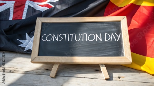 Constitution Day chalkboard sign with UK and Australia flags on wooden table outdoor celebration