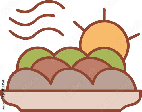 food plate illustration with steam rising and sun symbol in decorative cultural design
