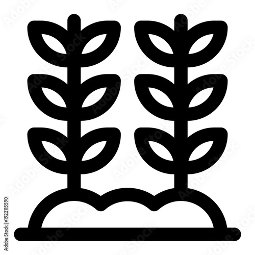 A clean vector icon illustrating two plants growing from the ground, representing farming, sustainability, and organic produce.