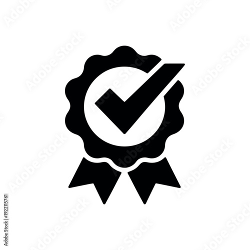 Black checkmark on a rosette ribbon symbol