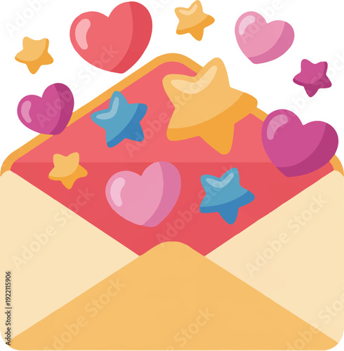Colorful hearts and stars spilling out of an open envelope in a cheerful flat vector illustration with pink blue purple and yellow elements on a white background