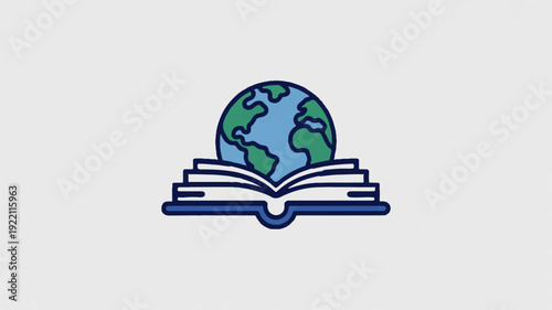 Minimalist icon of an open book with a globe on top symbolizing education and global knowledge on a light gray background