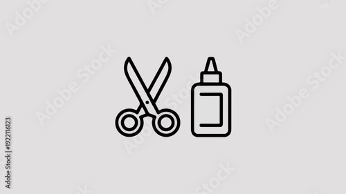 Minimalist icon design featuring scissors and glue bottle on gray background for craft and diy concepts