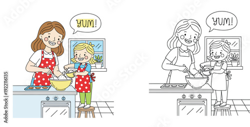 Mother and daughter baking together in kitchen coloring book page vector illustration with colored sample and black and white outline for kids activity
