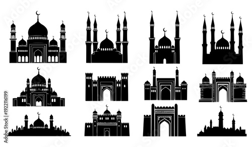 Islamic Mosque and Castle Silhouette Clipart Set with Crescent Domes and Minarets