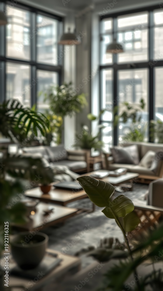 Fototapeta premium Generative AI Modern Bright Living Room with Large Windows and Indoor Plants