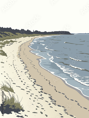 Serene Coastal Landscape with Footprints in the Sand.