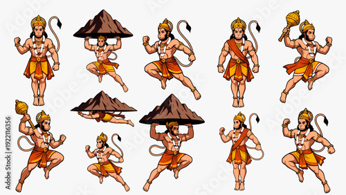 Hanuman vector set featuring dynamic poses flying holding Sanjeevani mountain and golden mace Hindu mythology monkey god deity cartoon character design bundle graphic elements.