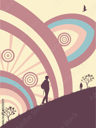 Silhouette of a person walking up a hill with abstract rainbow and target designs in the background.