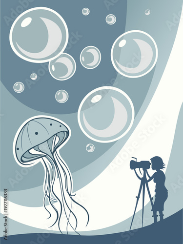 Silhouette of a person filming a jellyfish and bubbles underwater.