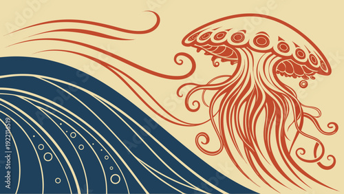 Stylized Jellyfish and Ocean Waves Artistic Illustration.