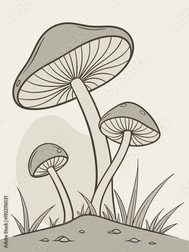 Three mushrooms growing in a natural outdoor setting.