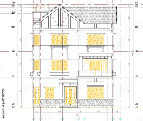 Professional Architectural Front Elevation of a Contemporary Villa Featuring Gable Roof Designs and Stone Texture Foundation Details