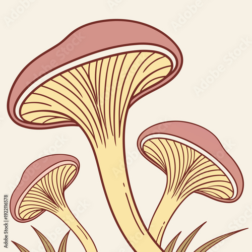 Three stylized mushrooms with red caps and yellow gills growing from the ground.