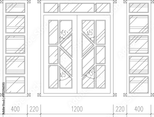 Comprehensive Architectural Draft of Residential Entry Door and Window Combination with Sectional Construction Details and Dimension Markings