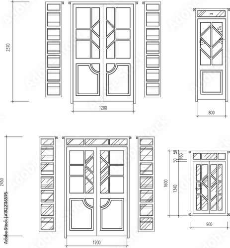 Professional CAD Architectural Drawing of Double Panel Wooden Door with Glass Inserts, Frame Section, and Wall Construction Integration Detail.