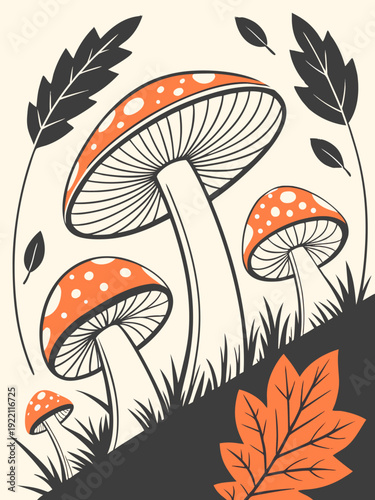 Vibrant Autumn Mushrooms and Leaves Illustration.