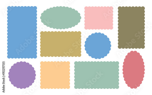 Geometric shapes with scallop and zigzag edges set. Silhouette stickers circle, square, oval and rectangle labels.