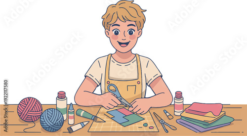 Young boy crafting with colorful materials at a desk surrounded by art supplies and tools in a cheerful setting