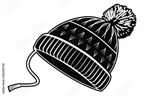 Black and white knit beanie with pom and hanging strings winter hat