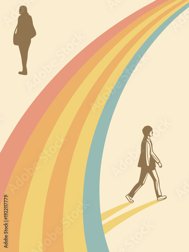 People walking on a colorful rainbow path.
