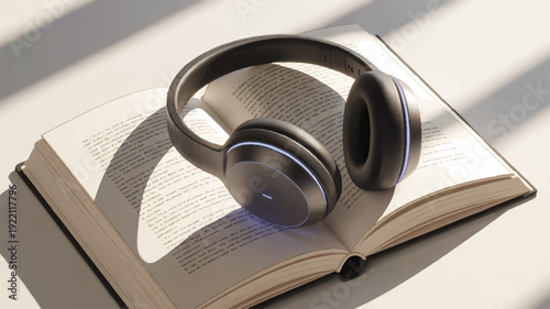 Headphones on open book with natural light and shadows symbolizing reading learning and relaxation in a calm atmosphere