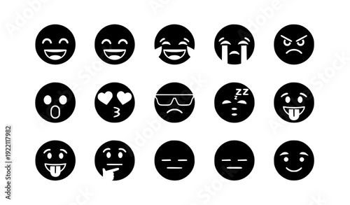 Black and White Emoji Faces Vector Set with Classic Emotions Isolated on White Background