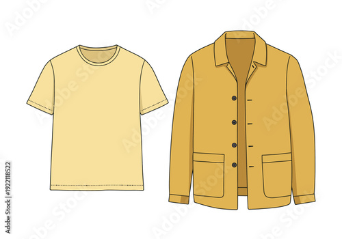Illustration of a t-shirt and jacket displayed side by side in a minimalist style