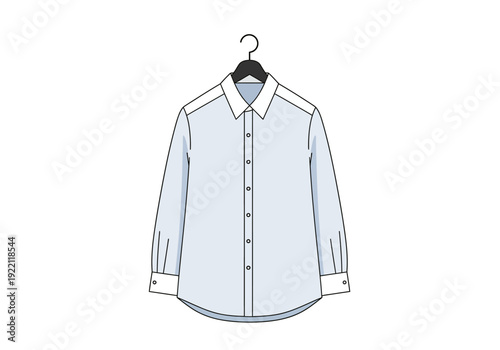 A light blue shirt hanging on a black hanger, viewed from the front, in a minimalist style