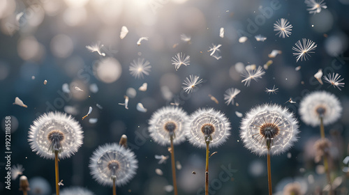 Dandelion seeds are floating through the air, creating a beautiful scene