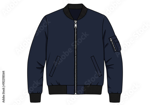 Navy blue bomber jacket with black accents and zipper closure, front view, fashion illustration
