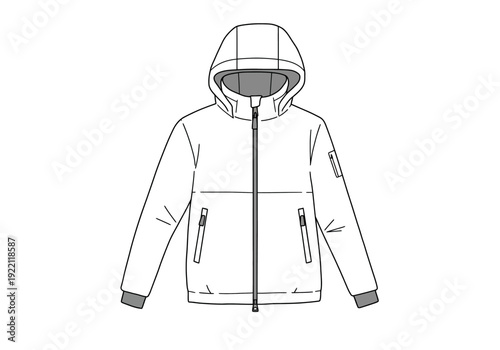 Illustration of a hooded jacket with zipper and pockets displayed frontally
