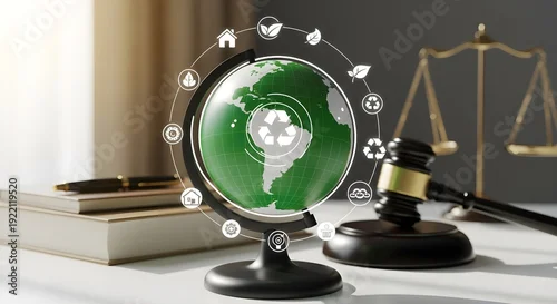 Fototapeta samoprzylepna Globe and gavel on a desk with books and scales